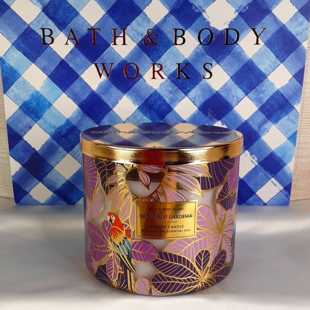 'BATH & BODY WORKS 'RAINFOREST GARDENIA' 3-WICK CANDLE TROPICAL EDITION